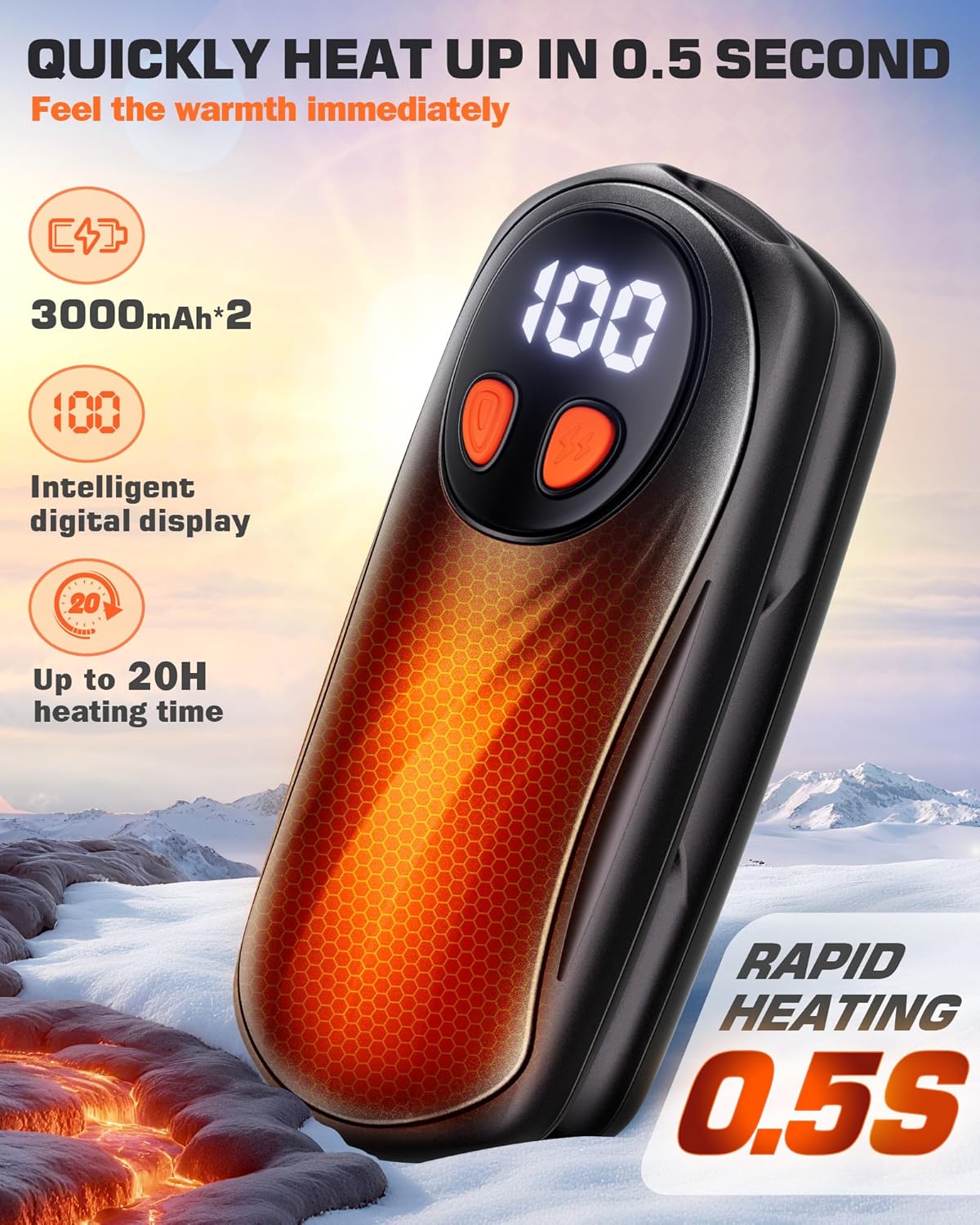 Hand Warmers Rechargeable 2 Pack, 6000mAh Electric Hand Warmers, 5-Level Heating with Battery Display